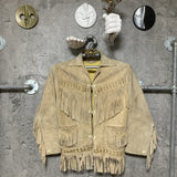 suede fringe jacket native western design reindeer handmade real leather shell buttons aztec Mexican beige