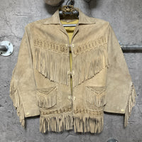 suede fringe jacket native western design reindeer handmade real leather shell buttons aztec Mexican beige