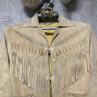 suede fringe jacket native western design reindeer handmade real leather shell buttons aztec Mexican beige