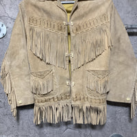 suede fringe jacket native western design reindeer handmade real leather shell buttons aztec Mexican beige