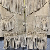 suede fringe jacket native western design reindeer handmade real leather shell buttons aztec Mexican beige