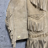 suede fringe jacket native western design reindeer handmade real leather shell buttons aztec Mexican beige