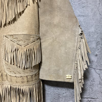 suede fringe jacket native western design reindeer handmade real leather shell buttons aztec Mexican beige