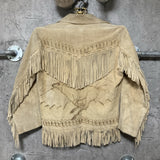 suede fringe jacket native western design reindeer handmade real leather shell buttons aztec Mexican beige