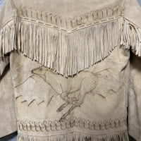 suede fringe jacket native western design reindeer handmade real leather shell buttons aztec Mexican beige