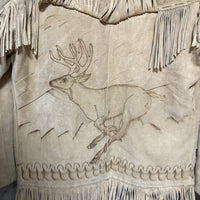 suede fringe jacket native western design reindeer handmade real leather shell buttons aztec Mexican beige