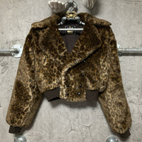 leopard print faux fur cropped jacket Ozone Community lapel rib brown