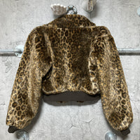 leopard print faux fur cropped jacket Ozone Community lapel rib brown