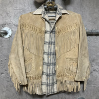 suede fringe jacket native western design reindeer handmade real leather shell buttons aztec Mexican beige