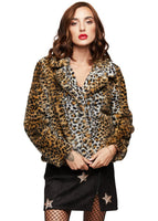 leopard print faux fur cropped jacket Ozone Community lapel rib brown