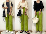 straight wide pants 2 tuck yellow green