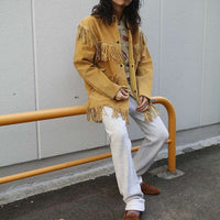 suede fringe jacket native western design reindeer handmade real leather shell buttons aztec Mexican beige