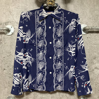 Sun Surf Kihikihi fish patterned aloha shirt hawaiian long sleeve gold fish navy blue