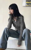 high neck long rib sleeve zip up sweatshirt track jacket gray