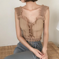 frilled lace-up bustier brown