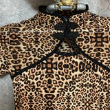 leopard china top see-through chinese short sleeve brown