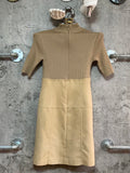 knit fake leather switching dress brown beige