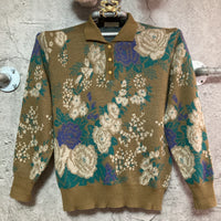 flower patterned polo collar knit pullover brown