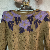round yoke flower patterned knit sweater brown purple