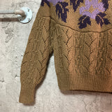 round yoke flower patterned knit sweater brown purple