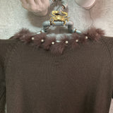fur trimmed pearl embroidery knit tops brown