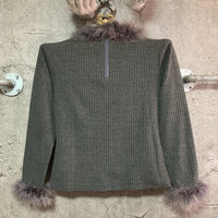 feather trimmed rib knit tops gray