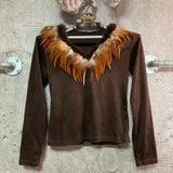 feather trimmed suede like v-necked tops brown