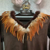 feather trimmed suede like v-necked tops brown
