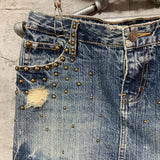ripped cutoff studded denim mini skirt jeans Cecil McBee