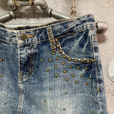 ripped cutoff studded denim mini skirt jeans Cecil McBee