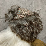 plaid patterned flight cap faux fur brown