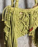 green fringed macrame knit bag