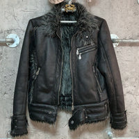 fake leather x fur black bomber jacket