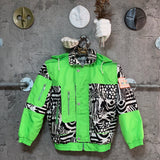 zebra printed ski jacket neon green